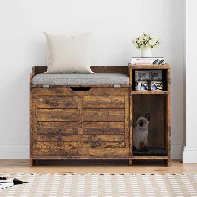 TrailBlaze Litter Box Enclosure with Top Opening&Scratching Mat, Cat Litter Box Furniture with Cushion Litter Box Hidden Wooden Cat Washroom Farmhouse Style Cat House for Hallway, Bedroom, Retro