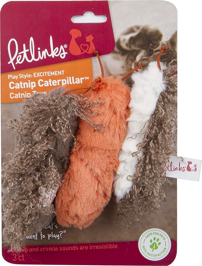 Petlinks (3 Count) Catnip Catterpillar Crinkle Plush Cat Toys - Multi Color, 3 Count