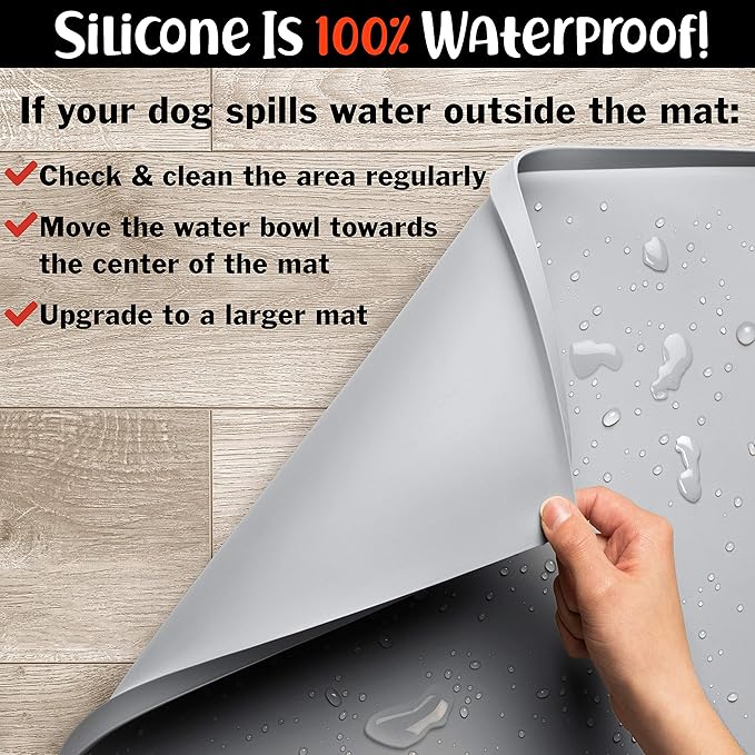 DogBuddy Dog Food Mat – Waterproof Dog Bowl Mat for Food and Water, Silicone Pet Feeding Mats for Floors, Non-Slip Placemat with High Edges for Dogs Bowls, Puppy Essentials (XL: 28" x 18", Mist)