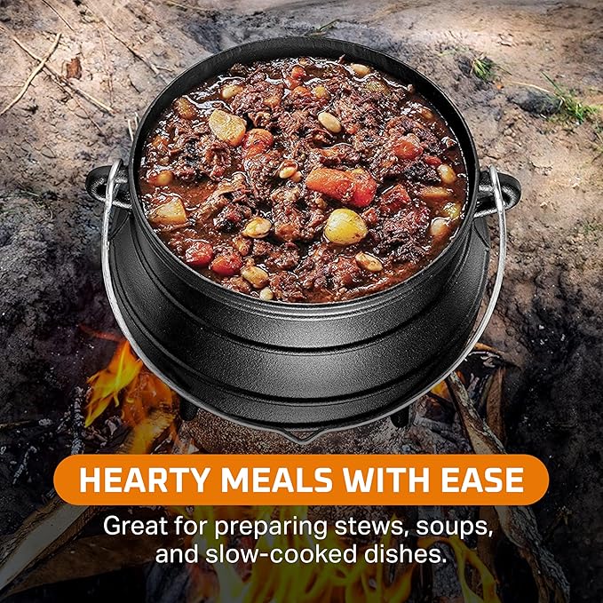 Bruntmor Pre-Seasoned Cast Iron Cauldron - 6 Quart African Potjie Pot with Lid - 3-Legged Dutch Oven for Camping and Over-the-Fire Cooking - Durable Outdoor Cookware for Stews, Chili, and Slow Cooking