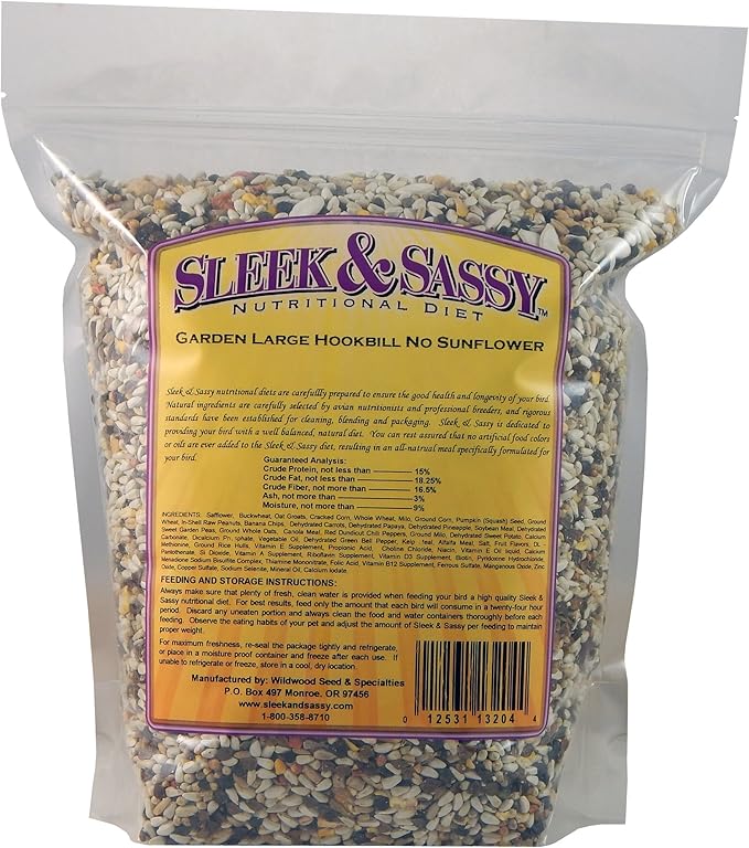 SLEEK & SASSY Garden Large Hookbill No Sunflower Parrot Food for Large Conures, Amazons, African Greys, Cockatoos, Pionus-Parrots & Small Macaws (4 lbs.)