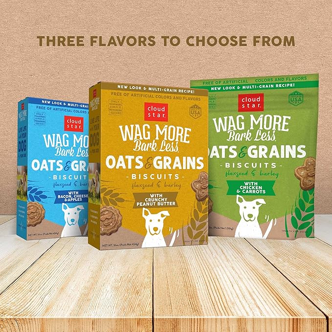Cloud Star Wag More Bark Less Oats & Grains Crunchy Dog Treats, Peanut Butter, 16 oz. Box