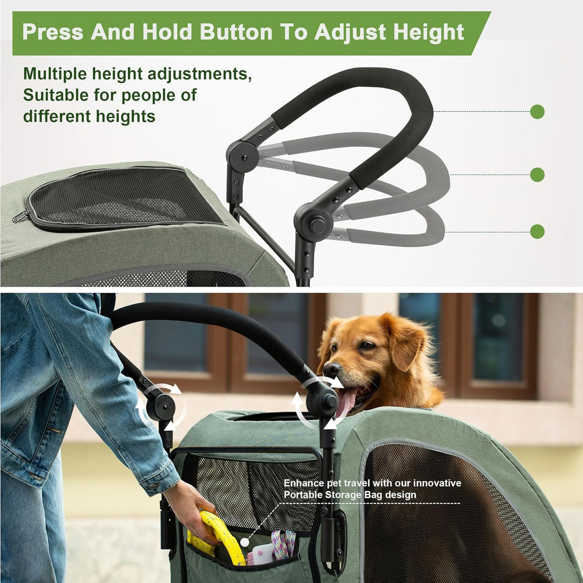 Large Dog Stroller - Dual Entry Safety Folding Pet Stroller with Adjustable Handle, All-Terrain 4-Wheel, 160 lbs Weight Capacity for Travel & Outdoor Adventures - Green