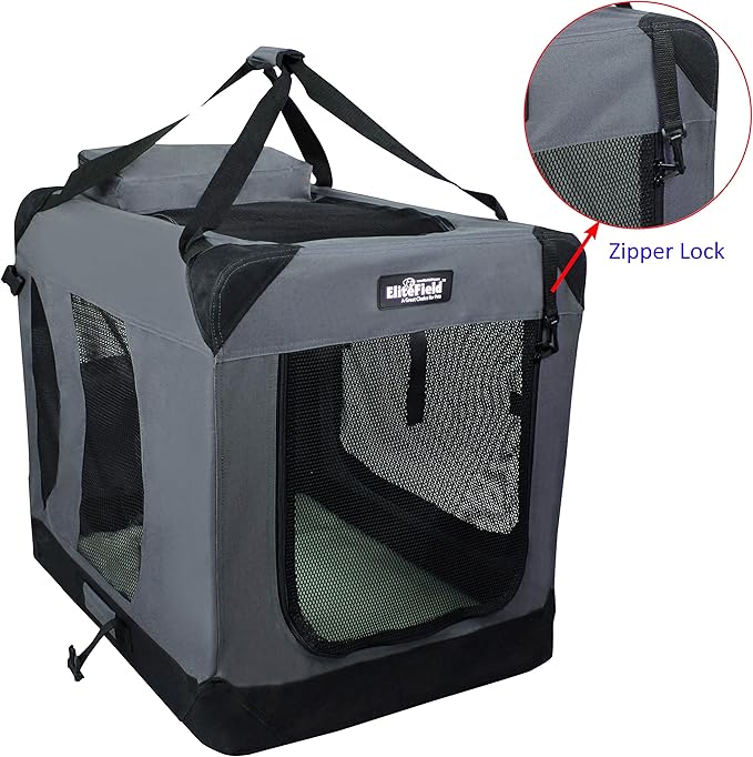EliteField 3-Door Folding Soft Dog Crate with Carrying Bag and Fleece Bed (2 Year Warranty), Indoor & Outdoor Pet Home (42" L x 28" W x 32" H, Gray)
