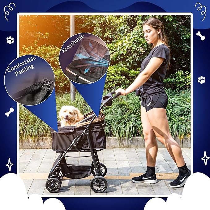 Pet Stroller with 4 Rolling Casters for Pets – Lightweight Multifunctional Travel Stroller with Mesh Windows, Cup Holder, Sun Shades & Storage Pocket for Puppy and Kitty