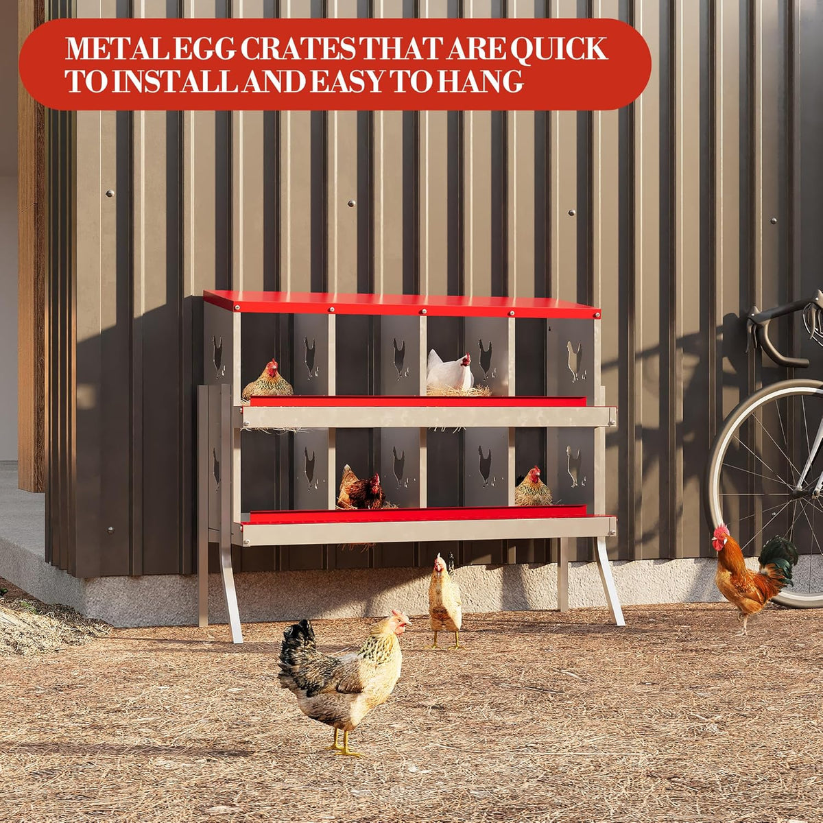 8 Hole Chicken Nesting Box with Roll Out Egg Tray, Rustproof & Ventilated Chicken Laying Boxes for Hens, Chickens, Ducks | Easy-Clean Poultry Coop Accessories, Red with Stand