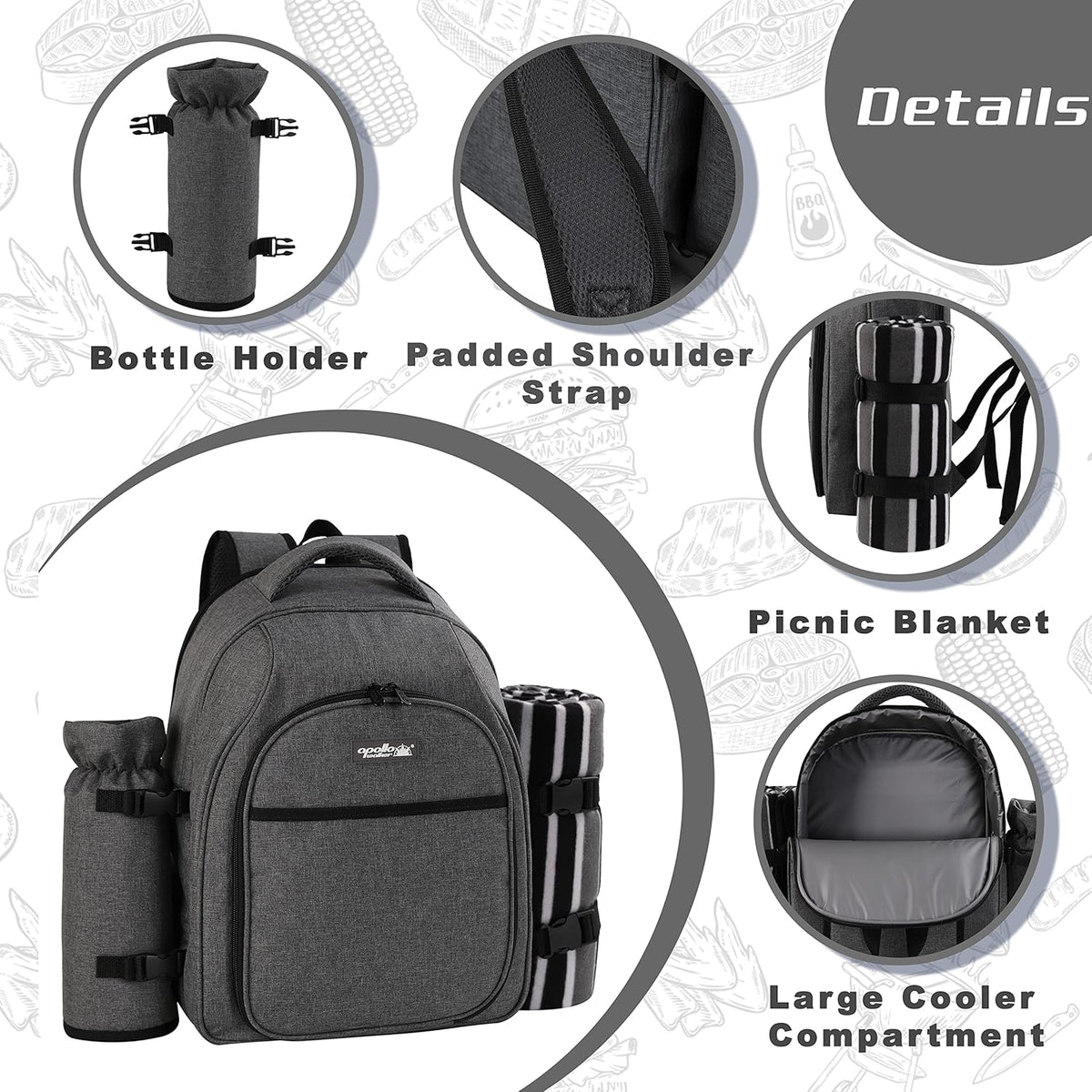 apollo walker Picnic Backpack Bag for 2 Person with Cooler Compartment, Detachable Bottle/Wine Holder, Fleece Blanket, Plates and Cutlery Set (2Person,Grey)