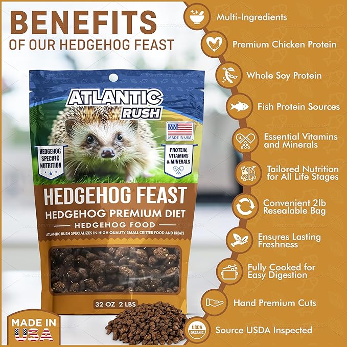 Atlantic Rush Hedgehog Feast Premium Food - 2lb Resealable Bag of Hedge Hog Delite- Small Critter Supplies Hedge Hog Food - Hedgehog Treats- Sourced & Made in The USA