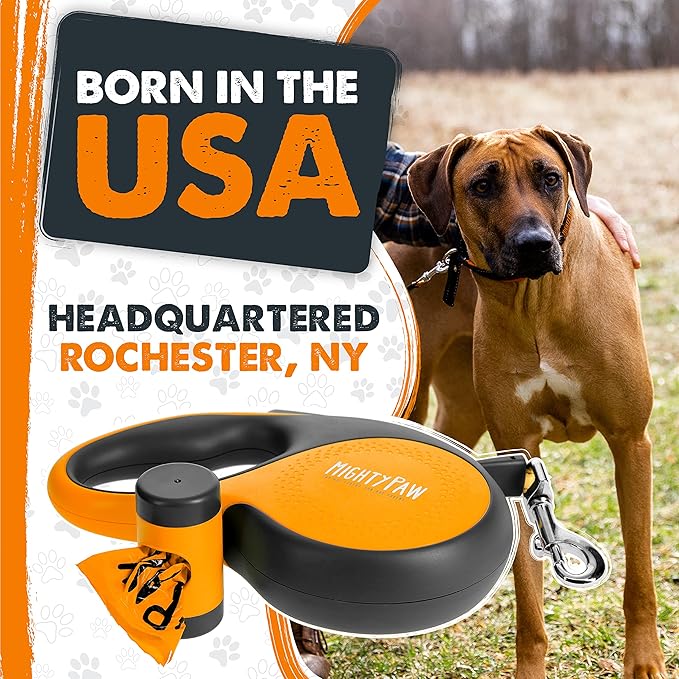Mighty Paw Retractable Leash with Built-in Poop Bag Holder | 16' Long Retractable Dog Leash for Small Dogs, Medium Breeds & Large Pets with Tape for Quick Control. Poop Bags Included