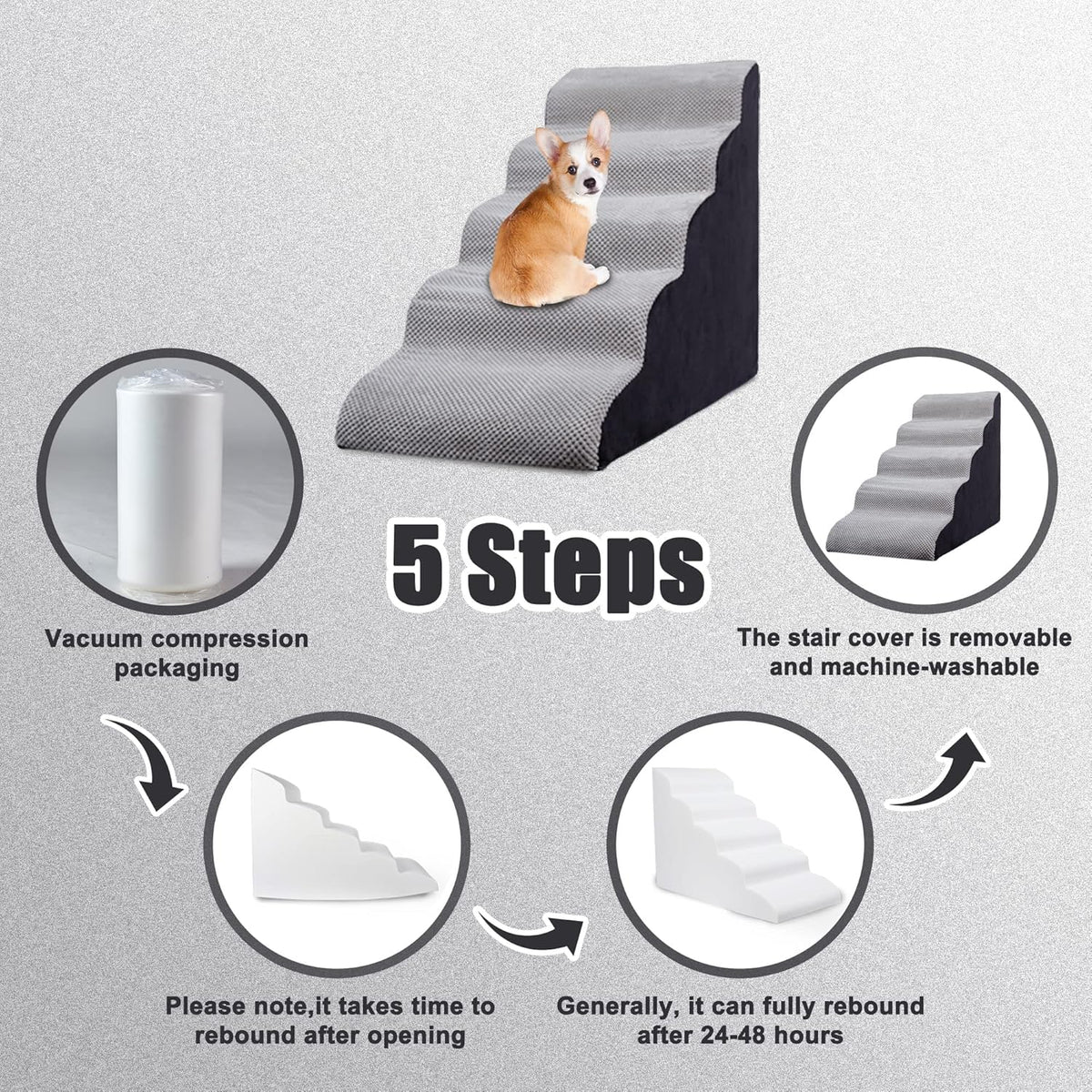 Curved Dog Stairs 24 inches High, Dog Ramp Stairs for Small Dogs for High Beds 20-25 inches Tall, 30D Foam Dog Steps for Beds 24 inches, Pet Stairs/Steps for Old Dogs Cats, Grey