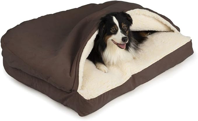 Snoozer Luxury Rectangle Cozy Cave Dog Bed - Indoor Dog Bed with Cover Cave, Covered Calming Burrow for Medium & Large Sized Pets with Blanket Attached, Enclosed, Washable - Large, Hot Fudge