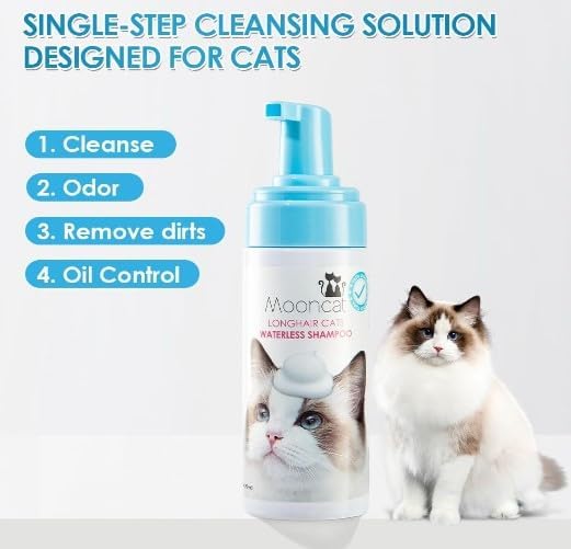 Mooncat Waterless Cat Shampoo for Longhair Cats | Licking Safe No-Rinse Dry Foam Bath for Detangling Matted Fur | Gentle Formula for Kittens & Sensitive Skin, pH Balanced - 5oz