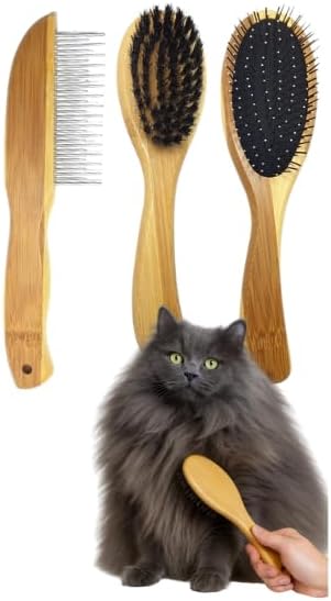 Premium Bamboo Cat Grooming Kit: Cat Brushes for Indoor Cats, Kitten Brush, and Dematting Comb for Long Haired Cats | Bamboo Grooming Supplies with kitten brush
