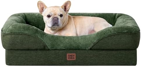 EHEYCIGA Orthopedic Dog Bed for Medium Dog, 30x20x6.5 Inch Memory Foam Dog Couch Bed with Sides, Waterproof Liner & Washable Removable Cover, Bolster Pet Sofa, Dark Green