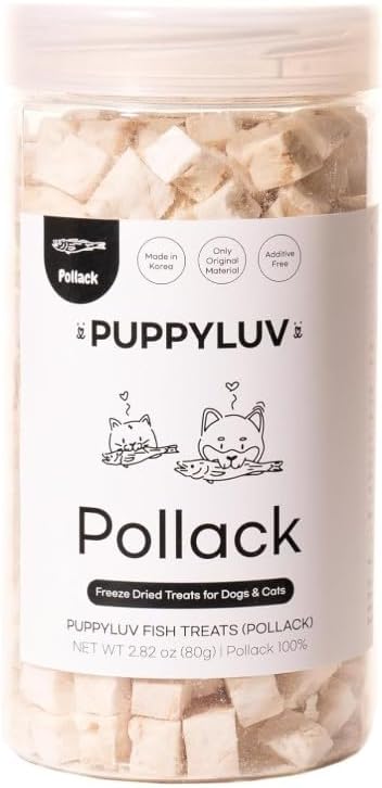 Puppyluv Treat - Freeze Dried Pollock Dog & Cat Treats, Wild Caught, Single Ingredient, Natural High Protein & Fish Oil, Grain Free, Gluten Free, 2.8oz
