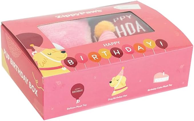 ZippyPaws Birthday Box - Dog Squeaky Toys to Keep Them Busy, Funny Food Plush for Small, Medium, & Large Dogs, Cute Stuffed Puppy Toy & Hat, Pet Products, Gift for Dogs of All Breeds - 3-Pack, Pink