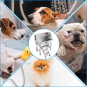 34'' Dog Washing Station for Small Dogs Grooming Tub Bathing Station Professional Pet Wash Station Bathtub for Home with Sliding Door, Faucet, Steps