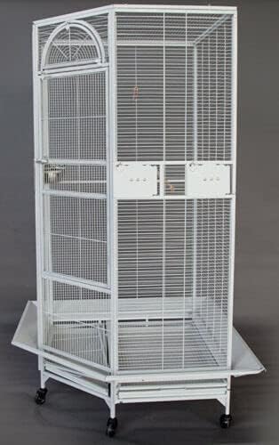 64" Extra Large Corner Bird Flight Breeding Wrought Iron Rolling Parrot Cage Side Solid Metal Plate Feed Doors Pull Out Removable Grate and Tray with Around Metal Seed Guard