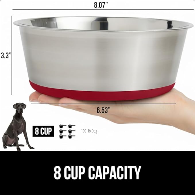 GORILLA GRIP Set of 2 Dog Bowls, Holds 8 Cups (64 fl oz), Heavy Duty Metal Food and Water Bowl for Feeding Dogs and Cats, Dishwasher Safe, Rust Resistant Stainless Steel, BPA Free Rubber Base, Red