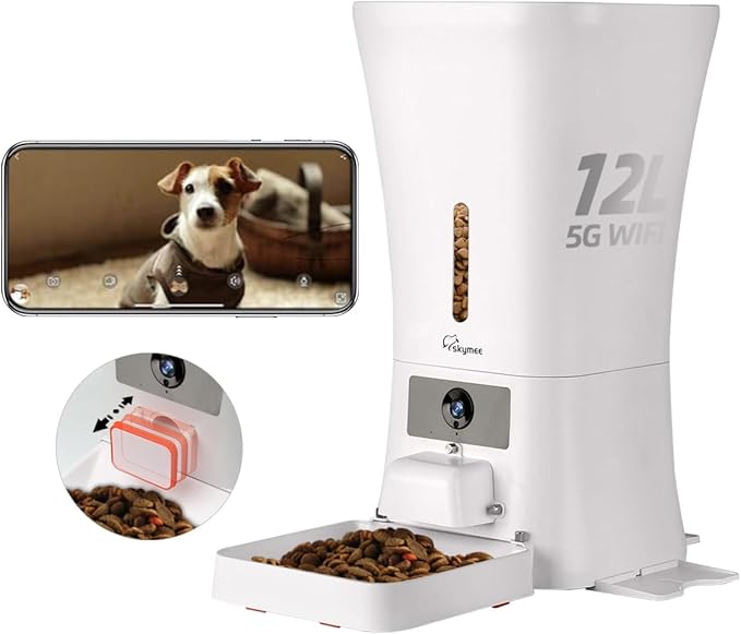 SKYMEE 12L Smart Automatic Dog Feeder Large Breed with Camera, 5G WiFi Automatic Cat Feeders Food Dispenser 1080P Full HD Pet Camera Treat Dispenser with Night Vision and 2-Way Audio