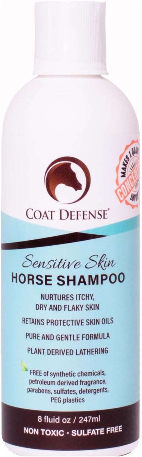 COAT DEFENSE Sensitive Skin Shampoo for Horses | All-Natural & Made in USA | Hypoallergenic Aloe Based - Soothes and Relieves Itchy, Dry and Inflamed Skin | Safe for Everyone | 8oz. Concentrated
