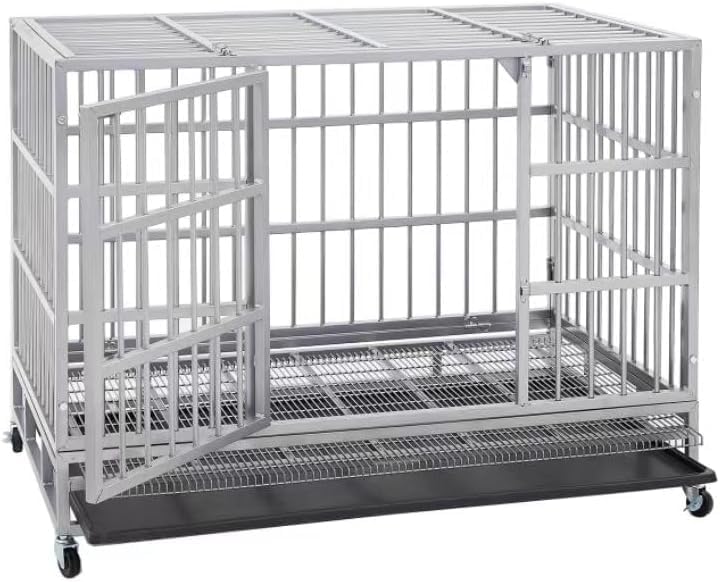 54/48/42/38 Inch Heavy Duty Dog Crate Cage with Wheels, Indestructible and Escape Proof Steel Kennel Indoor for High Anxiety Dogs with Sturdy Locks, Double Door and Tray, Extra Large XL XXL