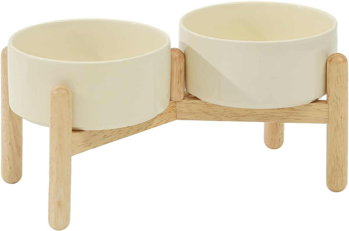 Ceramic 6.1inch Raised Dog Bowl with Stand for Small and Medium Breed Dog Dish Pet Food and Water Bowl (Double Bowl with Stand - Beige, 28oz)