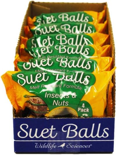 Wildlife Sciences Suet Balls 24 Pack, 6 Individually Wrapped Packs of 4 Bird Suet Balls (Insect and Nuts)