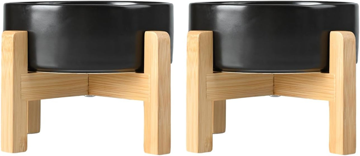 SPUNKYJUNKY Ceramic Elevated Dog Bowls 2 Pack - 6.1inch Raised Dog Bowls with Non-Slip Wooden Stand for Medium Dogs Dishwasher Safe(Black,28.7OZ*2)