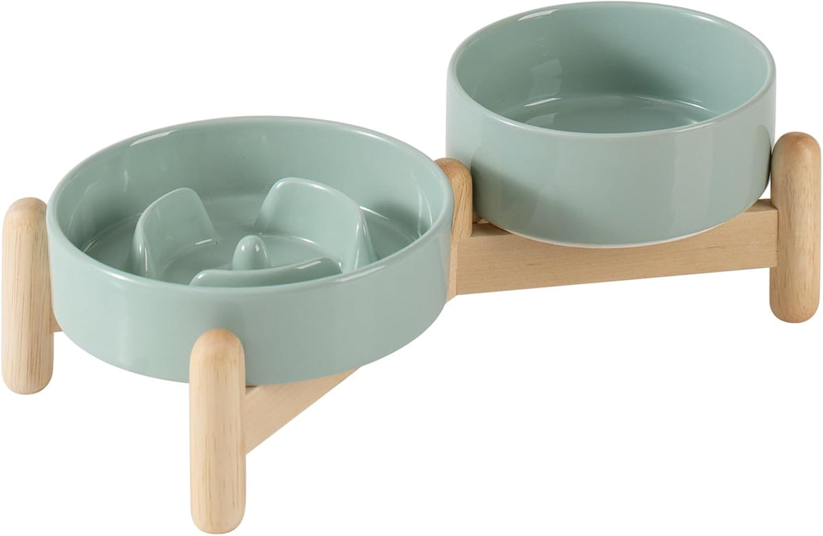 Ceramic Raised Slow Feeder Dog Bowl Set, Elevated 5.1inch Bowl and 6.1inch Puzzle Slow Pet Food Dish with Wooden Stand for Small Dog and Cat, Anti-Gulping (2X Light Green+ Stand)