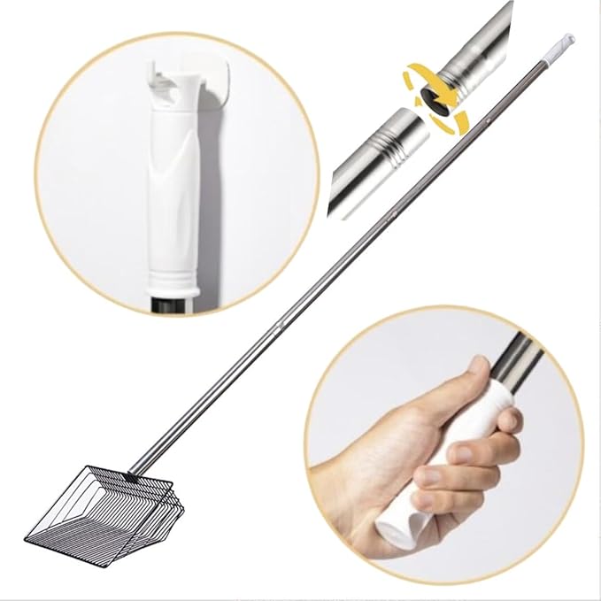 Large Metal Chicken Poop Scooper, Detachable 20 to 63 inches Long Metal Handle, Stainless Steel Chicken Coop Cleaning Tool, Heavy-Duty Pooper Sifting Shovel for Chicken Coop Accessories