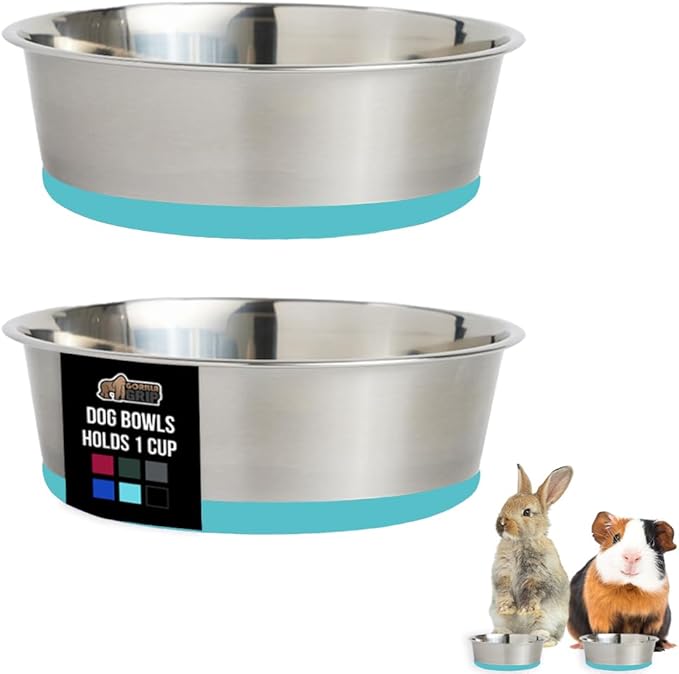 GORILLA GRIP Dog Bowls, Holds 1 Cup Each (8 fl oz), Heavy Duty Stainless Steel Food and Water Bowl for Feeding Dogs and Cats, Dishwasher Safe, Rust Resistant, BPA Free Rubber Base, Set of 2 Turquoise