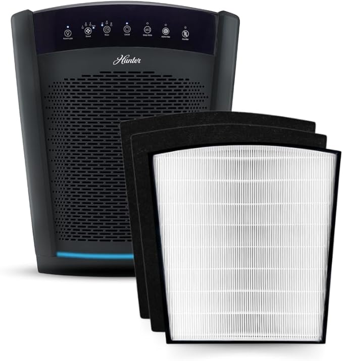 Hunter HP800 Air Purifiers for Home Large Room and Bedroom. True HEPA Air Purifier for Pets, Odors, Allergens, Smoke, Dust, VOC's. Value Bundle w/Extra Filter. Cleans 2585 Ft² per hour. Black