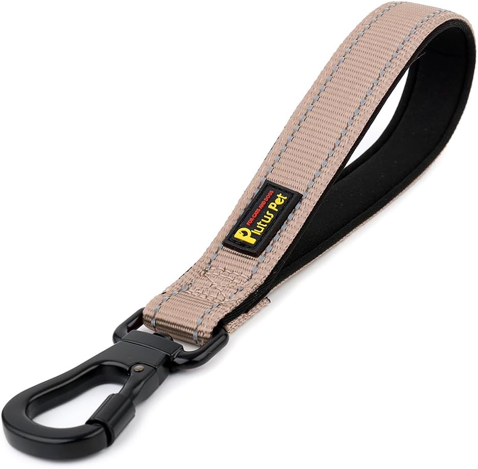 PLUTUS PET Short Dog Leash, Reflective Nylon Padded Handle, Strong Traffic Leash with Carabiner Clip, Perfect for Large or Medium Dogs (10”，Beige)