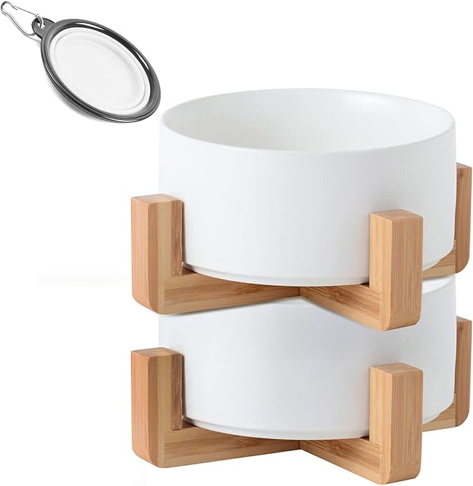Petygooing White Ceramic Cat Dog Bowl Set with Stand,Small Dog Bowls,Pet Food and Water Dish, Anti Slip Set of 2 Cat Bowls Pet Food Bowl- Pet Dish Small Size Pet (13.5OZ/5.1 in)