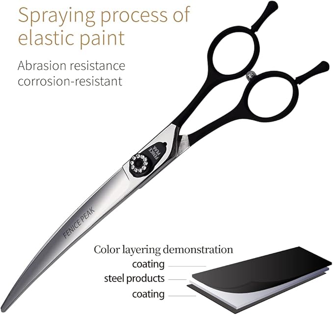 Fenice 7.5" Professional Grooming Scissors for Dogs, Made of Japanese Stainless Steel, Curved Shears (Black)