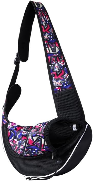 Pet Sling Carrier for Small Dogs & Cats, Mesh Travel Shoulder Bag, 10 lb Capacity, Adjustable Strap, Black with Geometric Pattern (Red camo, Medium)