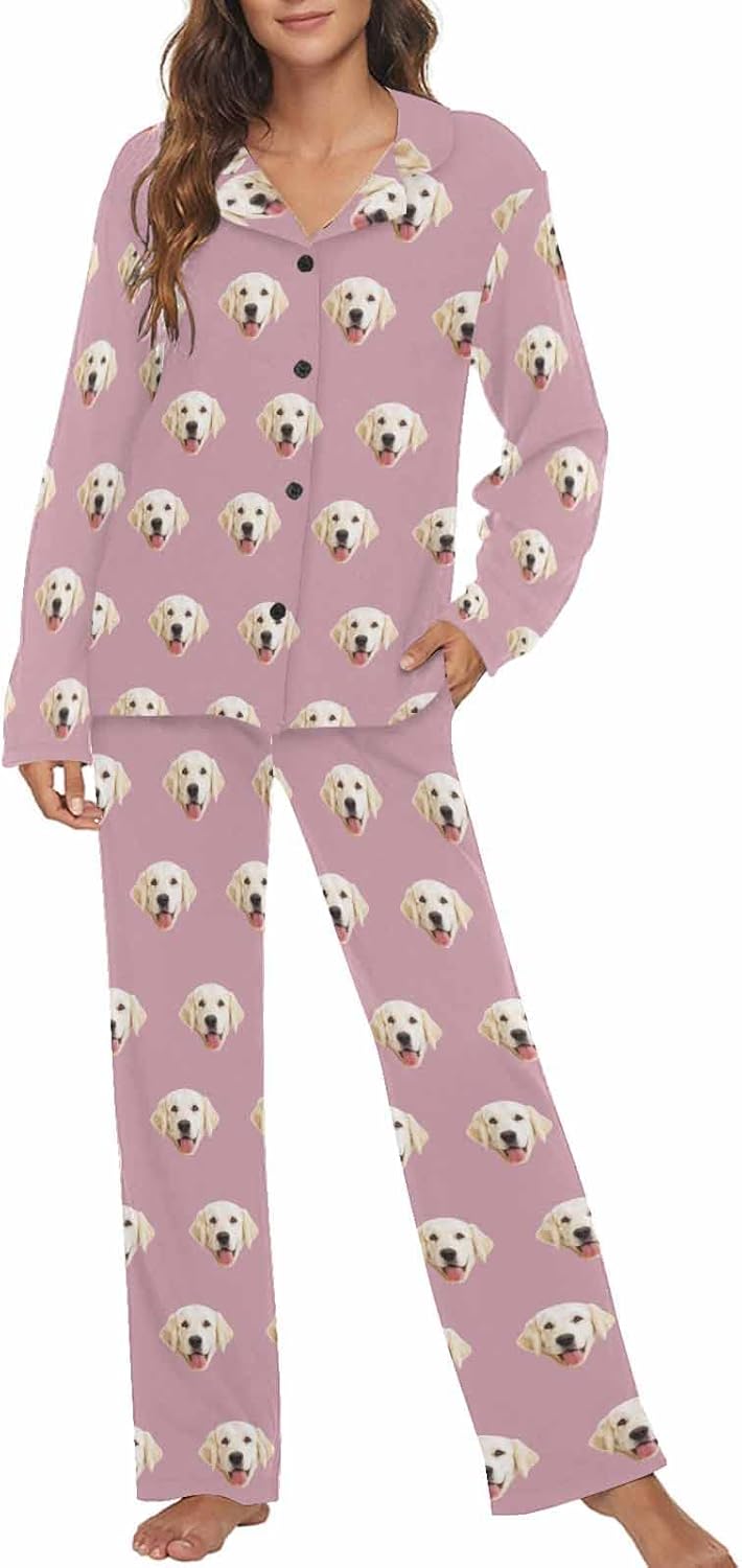 MyPupSocks Custom Face Pajamas for Women Set, Personalized Photo Long Sleepwear XS-XXL