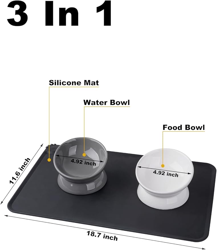 LoeJan Elevated Cat Food Bowl, 5 Oz Ceramic Raised and Tilted Water Bowl, Anti Vomiting and Protect Pets' Spines Dishes for Small Dog, Fat Faced Cat, Kitten (White & Grey)