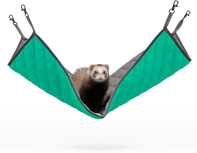 Paw Inspired Hanging Fleece Hammock for Ferrets, Rats, Chinchillas, Sugar Gliders, Cats, Small Pets | Hideout Toy for Guinea Pigs, Hamsters | Swivel Clips for Small Animal Cages (Gray/Green)