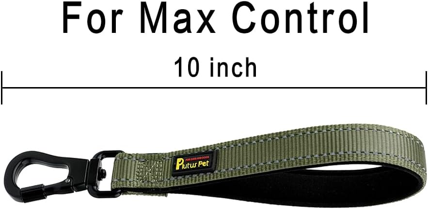 PLUTUS PET Short Dog Leash, Reflective Nylon Padded Handle, Strong Traffic Leash with Carabiner Clip, Perfect for Large or Medium Dogs (10”，Ranger Green)