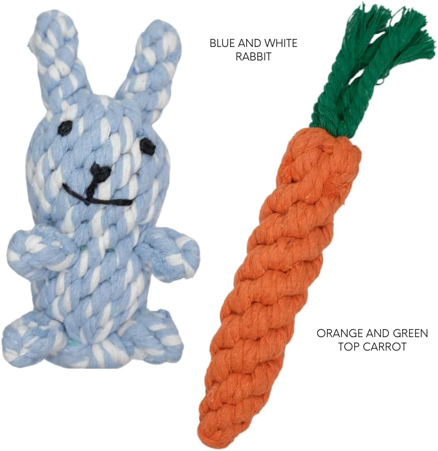 HILLBERRY Dog Rope Chew Toy Cotton Pink and Blue Rabbits and Carrot Bundle Set for Teething Puppy, Small, Miniature and Toy Breed Cute Pet Play Essentials