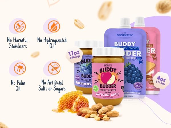 BUDDY BUDDER 6 Pack Mixed Flavor Squeeze Packs, 100% Natural Dog Peanut Butter, Healthy Peanut Butter Dog Treats, Made in USA, (4oz Packs)