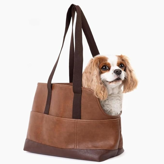 Premium Pet Carrier Tote Bag with Multiple Pockets, Brown/White PU Leather, 18.5L x 7W x 11.5H inches (Brown)