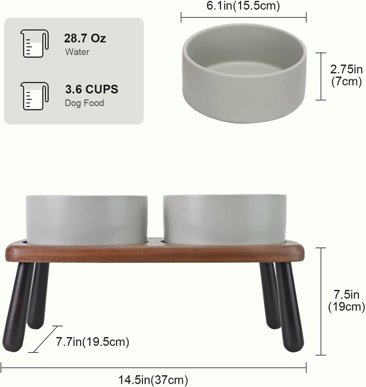 SPUNKYJUNKY Ceramic Elevated Dog Bowls Raised with Acacia Bamboo Wooden Stand, 6.1'' Dog and Cat Food Water Bowls Set Non-Slip for Small Medium Sized Breed Microwave Dishwasher Safe - 28.7 OZ,Grey