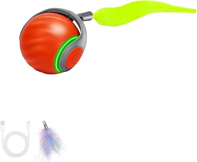 Speedy Tail 2.0 Interactive Cat Toy – Smart Self-Rolling Cat Ball with Feather Tail, Automatic Moving Motorized Toy for Indoor Cats, Chasing & Hunting Fun (Orange)
