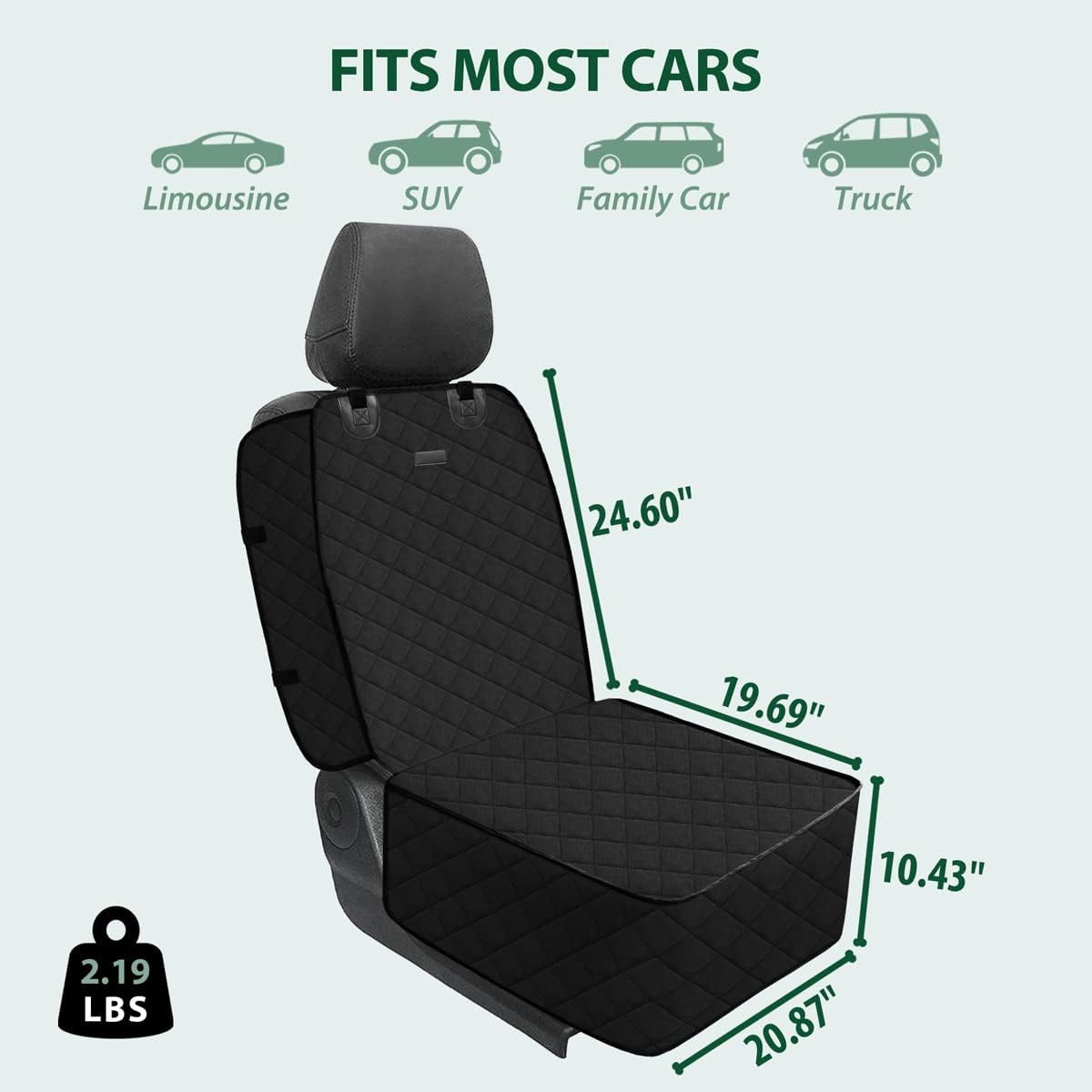 Dog Car Front Seat Cover with Side Flaps & Buckle Straps for Pet, 100% Waterproof 600D Oxford Single Seat Protector Heavy Duty Quilted Scratch Proof, Universal Size for SUV Truck, Black