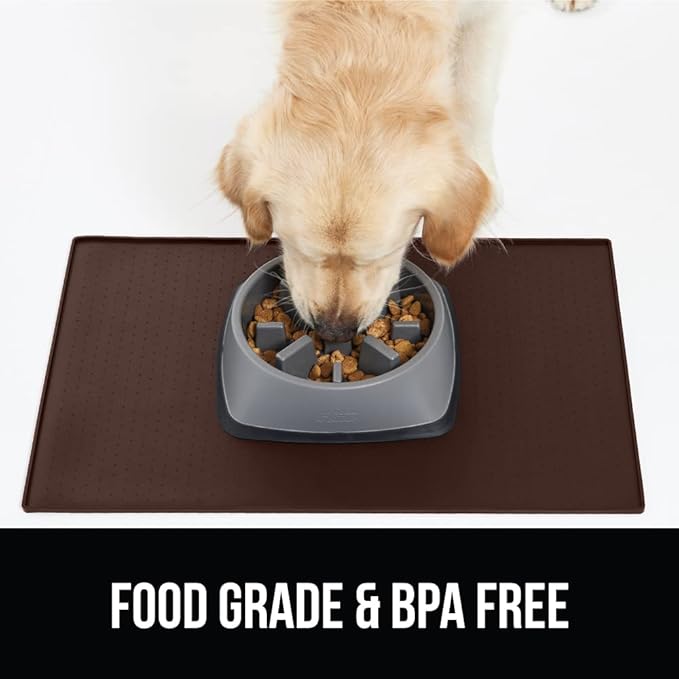 GORILLA GRIP 100% Waterproof Raised Edge BPA Free Silicone Pet Feeding Mat, Dog Cat Food Mats Contain Spills Protects Floors, Placemats for Cats and Dogs Water Bowl, Pets Accessories 23x15 Brown