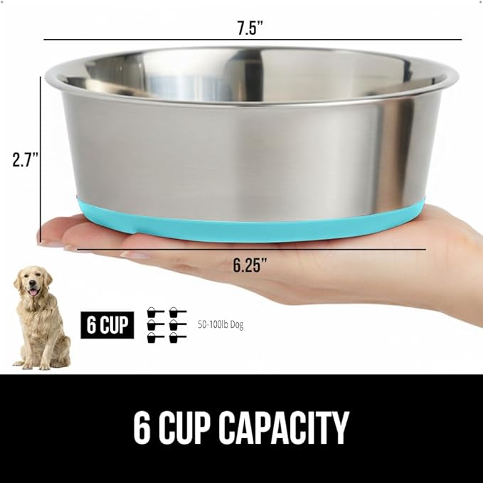 GORILLA GRIP Set of 2 Dog Bowls, Holds 6 Cups (48 fl oz), Heavy Duty Metal Food and Water Bowl for Feeding Dogs and Cats, Dishwasher Safe Rust Resistant Stainless Steel, BPA Free Rubber Base Turquoise
