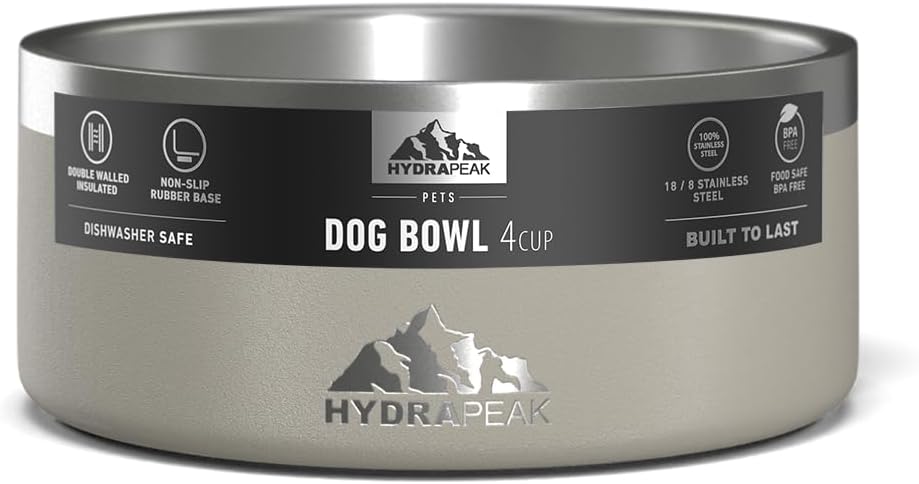 Hydrapeak Dog Bowl; Non Slip Stainless Steel; Water and Food Dish; Large Sized and Small Dogs; 32oz 64oz; Multiple Sizes; 4 Cup | Stone